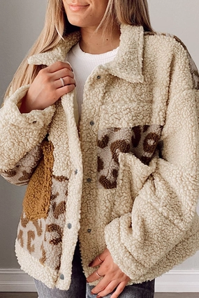 Pocketed Leopard Collared Neck Sherpa Jacket Hot Offer Ending Soon EndofWeek Deals