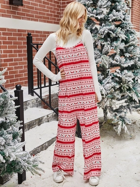 Surprise Offer Now Hot Discount Deal Shiny Christmas Color Contrast Wide-Legged Jumpsuit