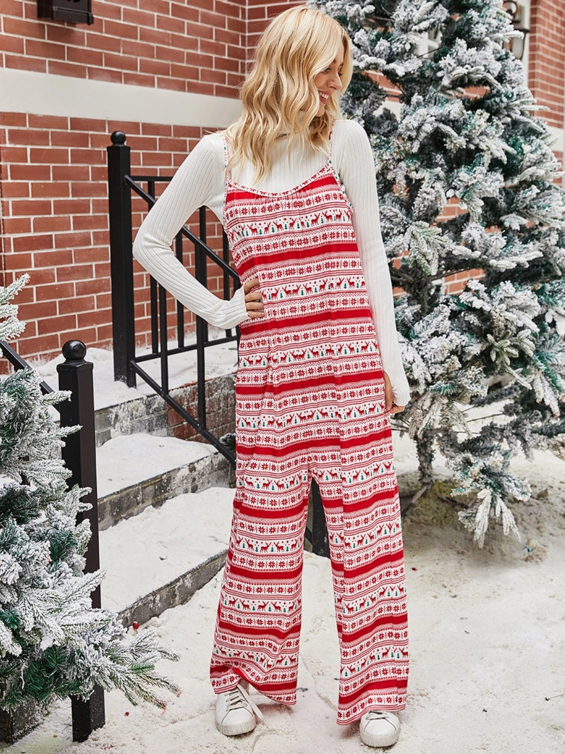 Exclusive Online Offer Hot Deals Today Shiny Christmas Color Contrast Wide-Legged Jumpsuit