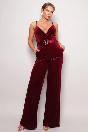 Deal of the Day Samba Rhinestone Belt Velvet Jumpsuit