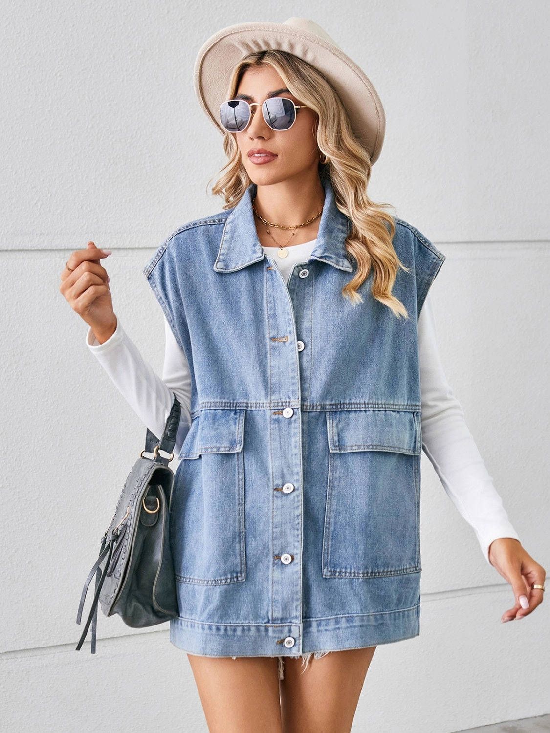 MustHave Deal Shop Smart Deals Pocketed Button Up Sleeveless Denim Jacket
