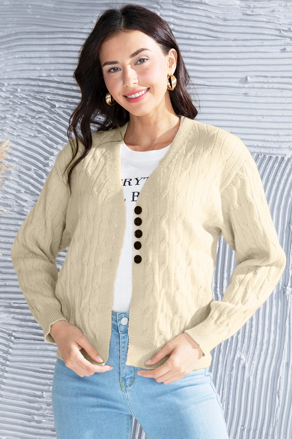 Exclusive Hot Pick Cable-Knit Button Up Dropped Shoulder Cardigan