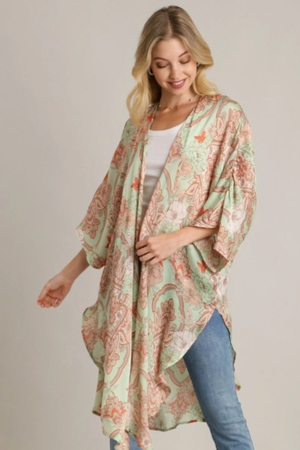 Umgee Full Size Mixed Print Open Front Kimono With Ruffle Sleeves Plus Size Mega Savings Now