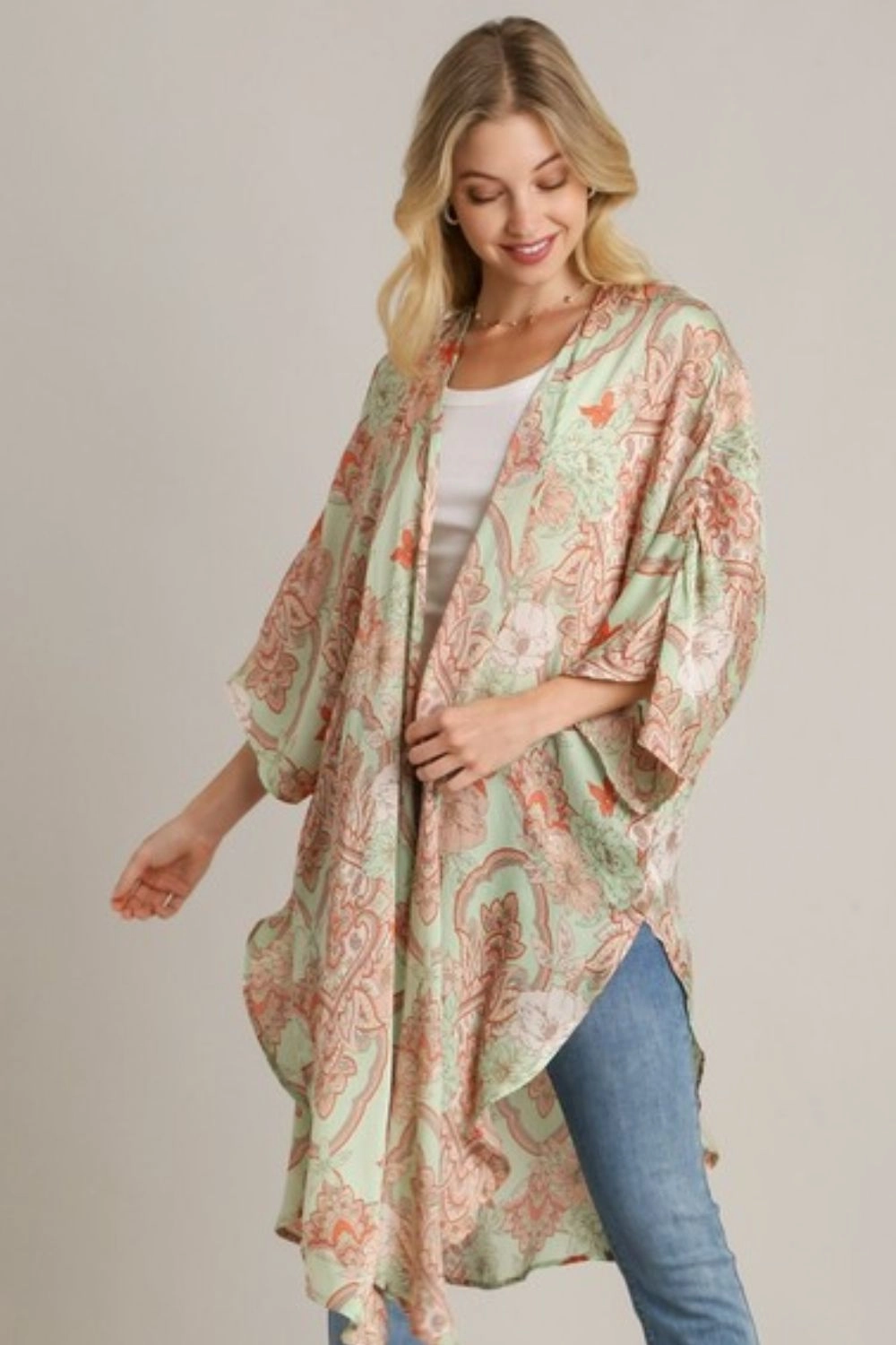 Save Today Only Umgee Full Size Mixed Print Open Front Kimono With Ruffle Sleeves Plus Size