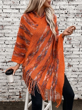 Instant Savings Inside Fringe Contrast Hooded Poncho