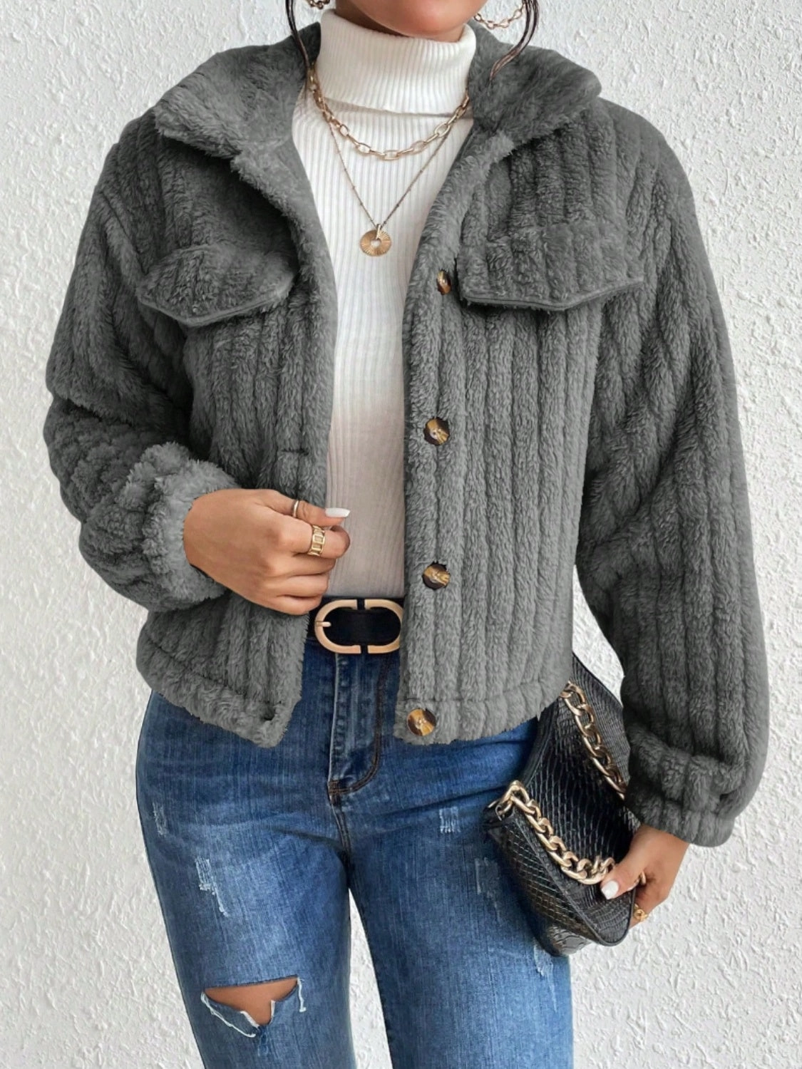 Fuzzy Button Up Collared Neck Jacket Exclusive Deal Inside