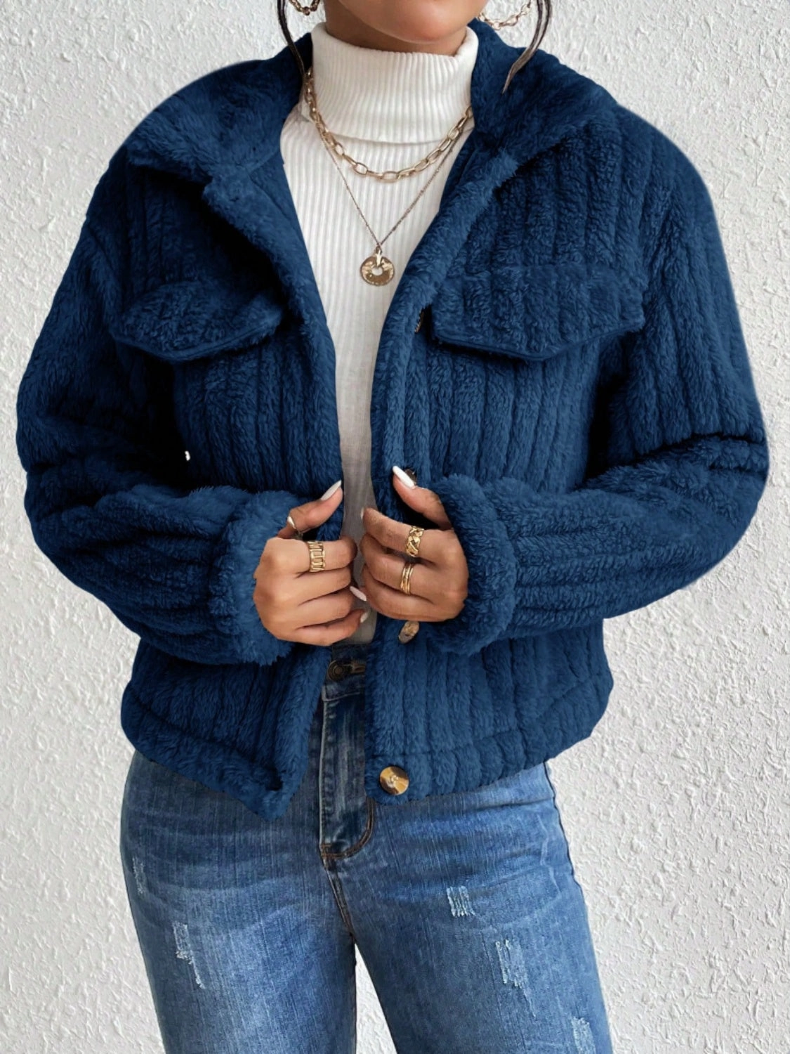 Fuzzy Button Up Collared Neck Jacket Best Seller Deal Today Only Offer