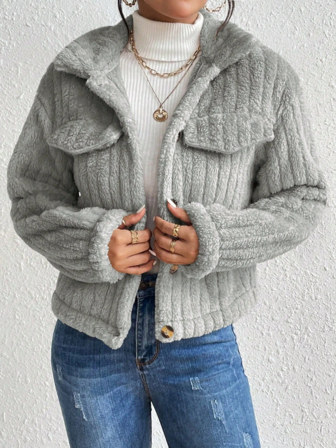 Shop Smart Save Flash Pick Today Fuzzy Button Up Collared Neck Jacket
