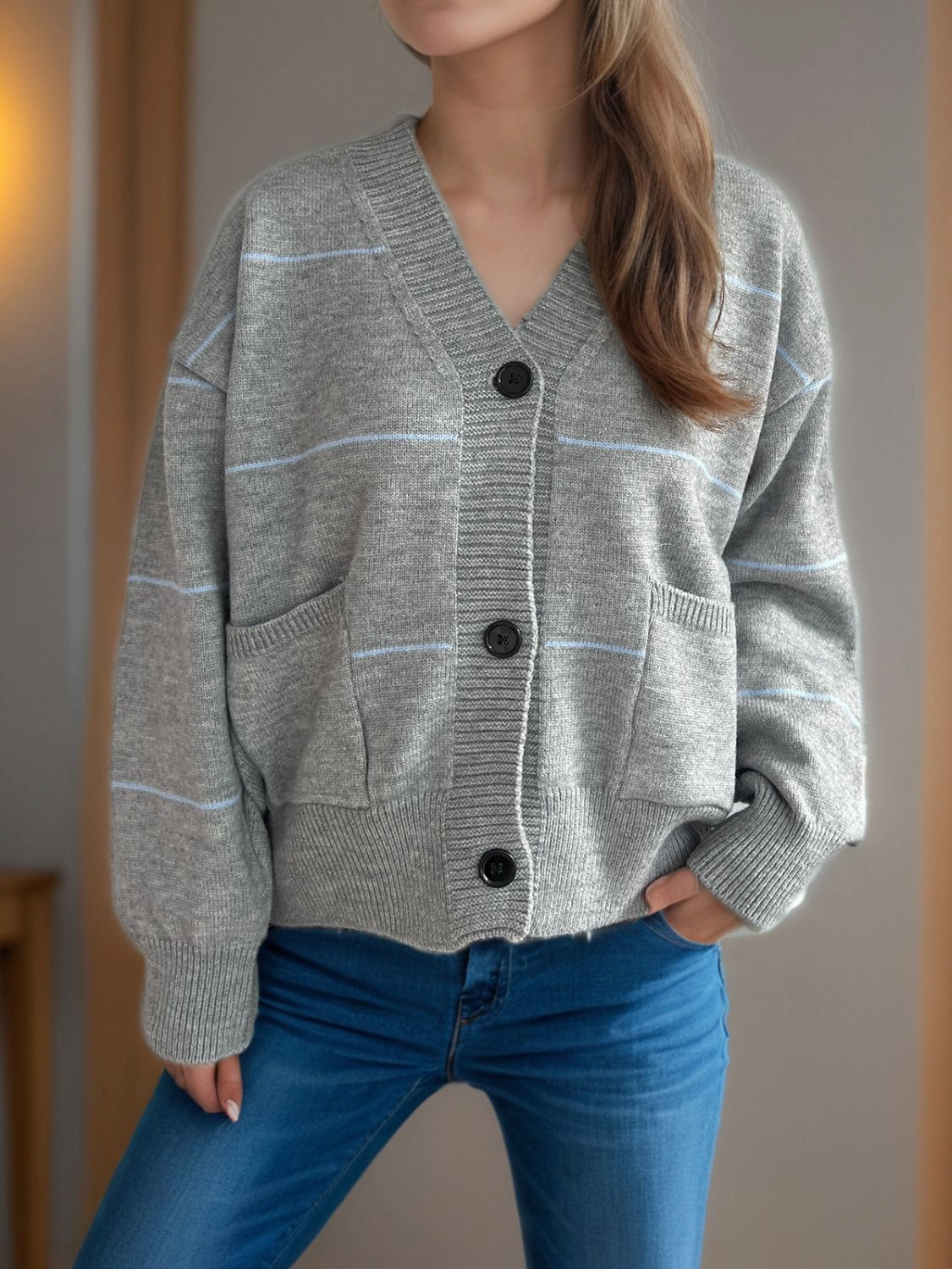 Best Seller Discount Striped Button Down V-Neck Long Sleeve Cardigan