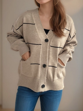 Striped Button Down V-Neck Long Sleeve Cardigan Steal the Deal Now Big Hot Sale