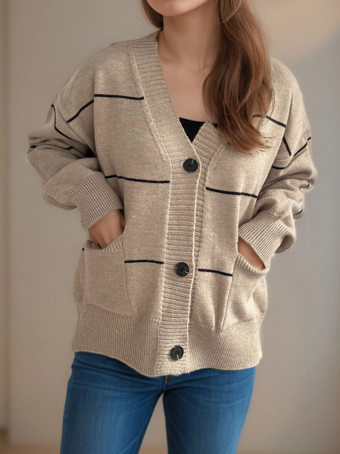Striped Button Down V-Neck Long Sleeve Cardigan Steal the Deal Now Big Hot Sale