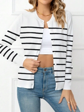 Striped Round Neck Button Up Cardigan Limited Time Discount Special Price Today