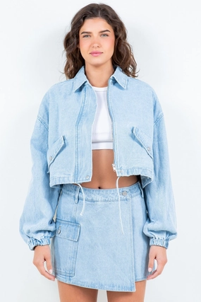 American Bazi Drawstring Waist Crop Denim Jacket Hot Pick Online Hot Picks Today