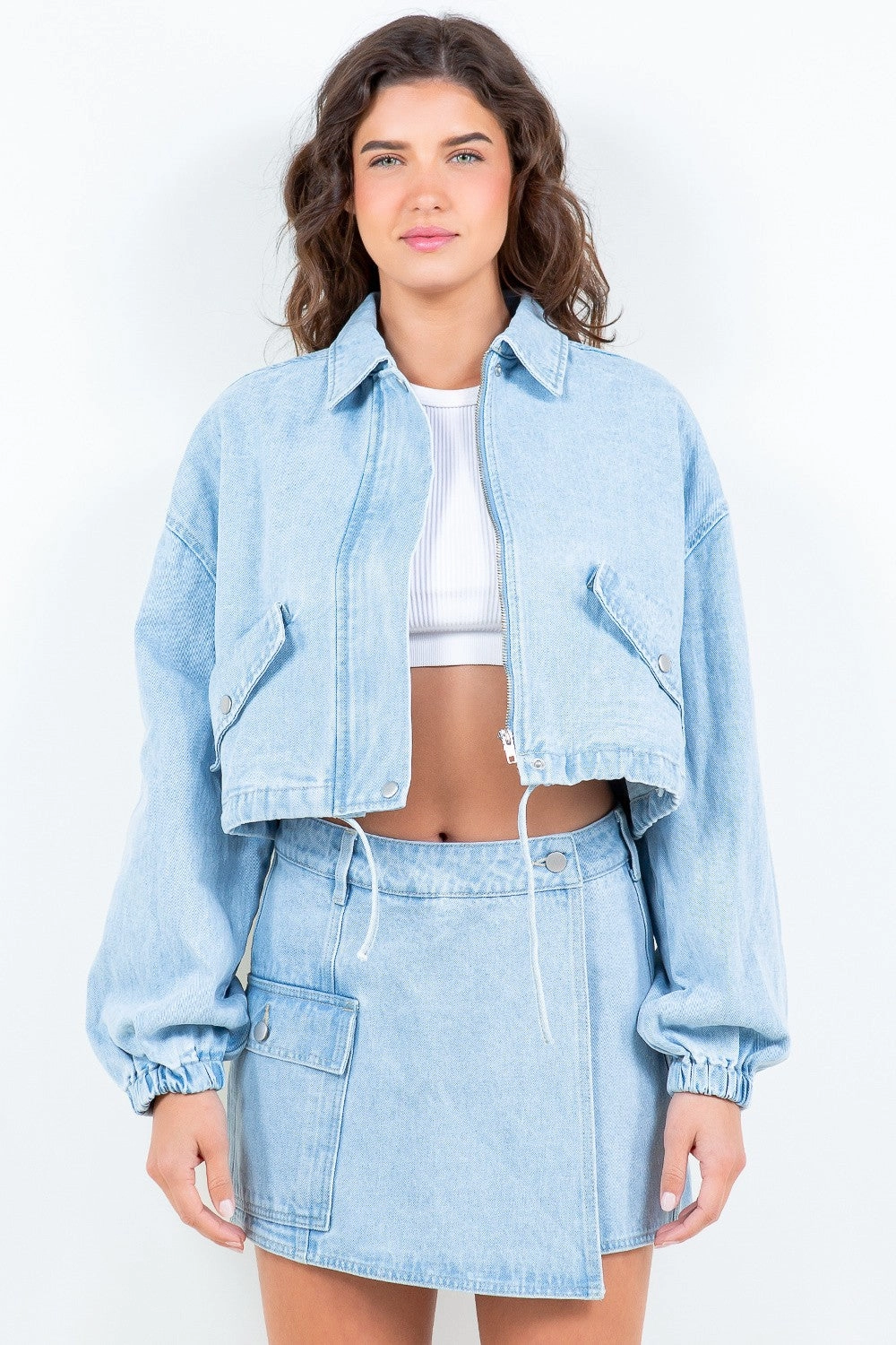 American Bazi Drawstring Waist Crop Denim Jacket Hot Pick Online Hot Picks Today