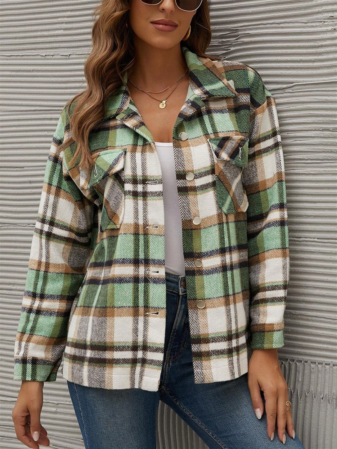 Plaid Collared Neck Long Sleeve Jacket Best Deal Online