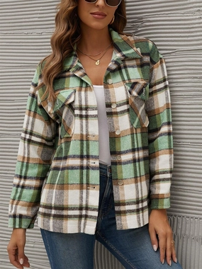 Plaid Collared Neck Long Sleeve Jacket Special Surprise Sale