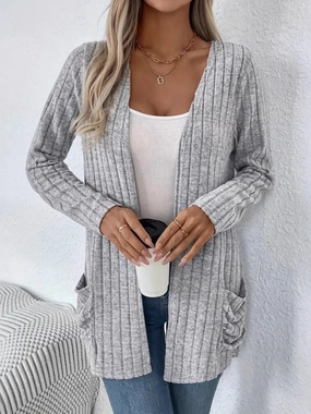 Ribbed Open Front Long Sleeve Cardigan With Pockets Limited Edition Offer Limited Stock Deals