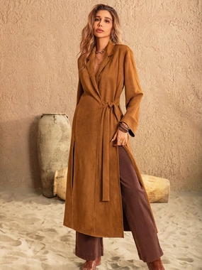 Slit Tied Collared Neck Longline Coat Best Seller Deal