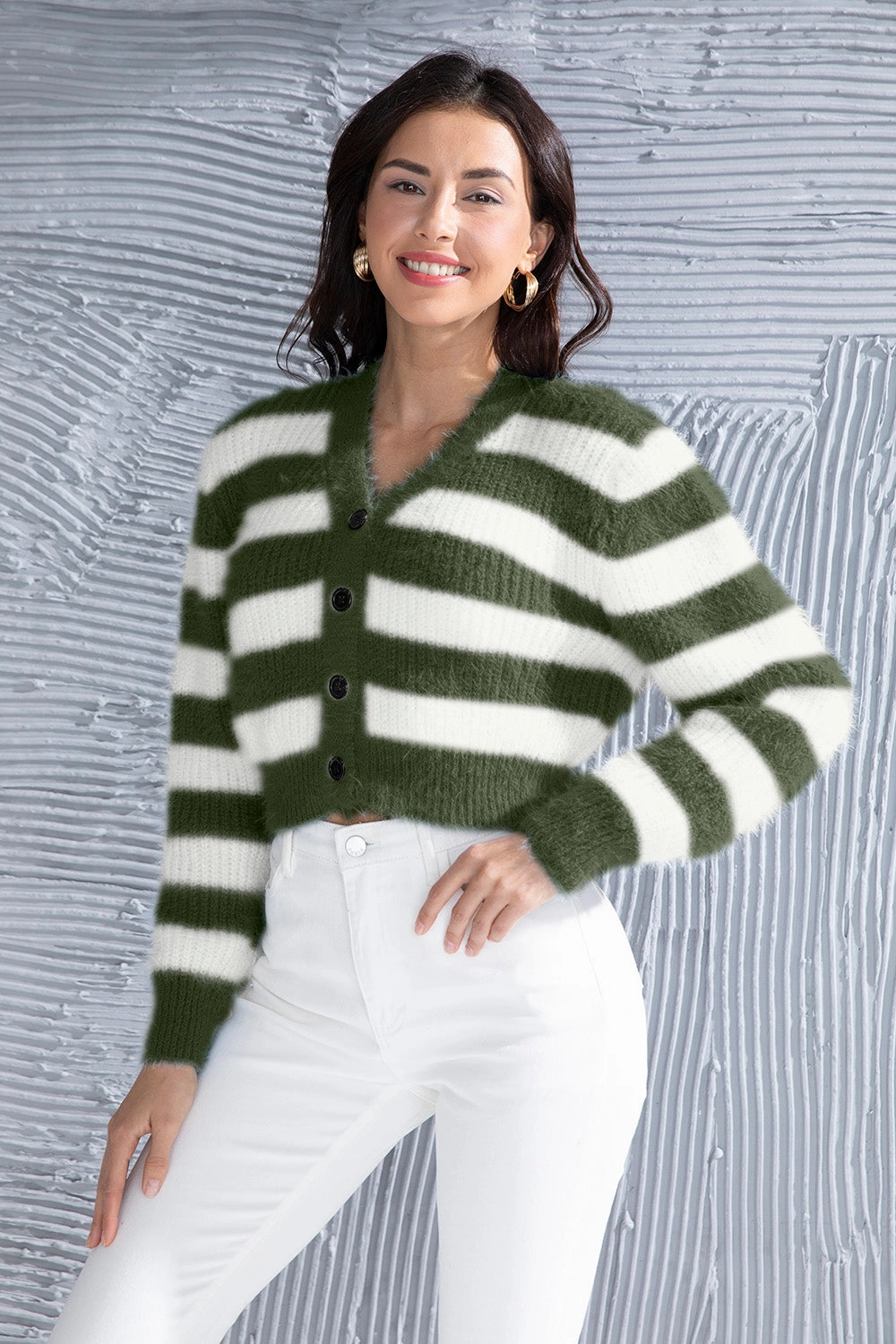 Todays Hot Pick Striped Button Up Cropped Cardigan