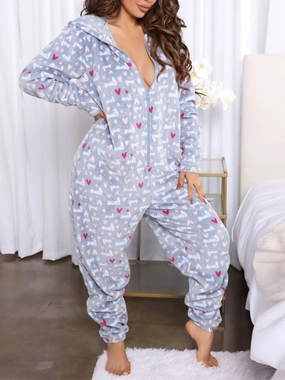 Shop Grab Savings Printed Zip Up Long Sleeve Hooded Lounge Jumpsuit