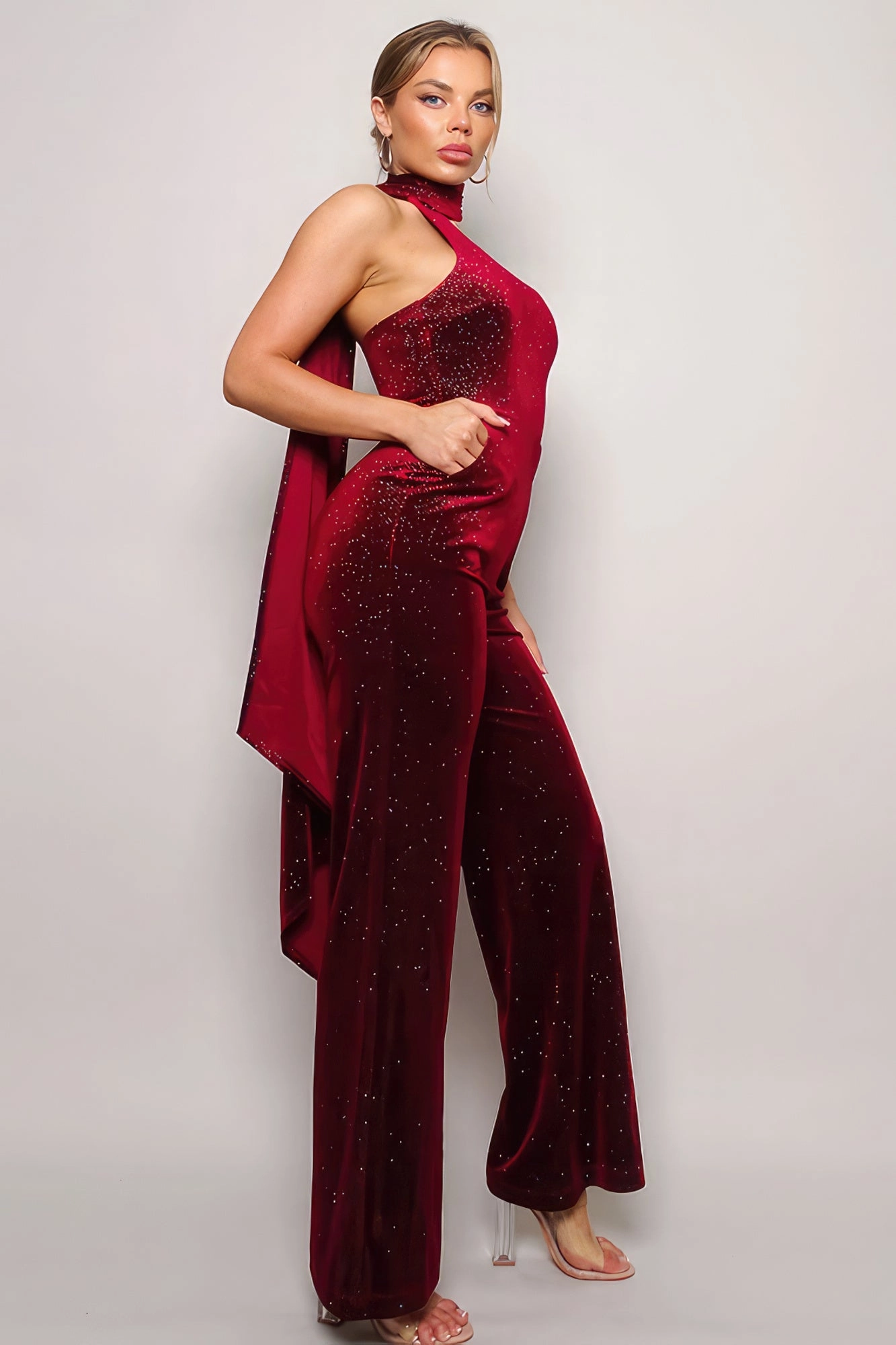Scarf Top Glitter Velvet Jumpsuit Gift Sale Event