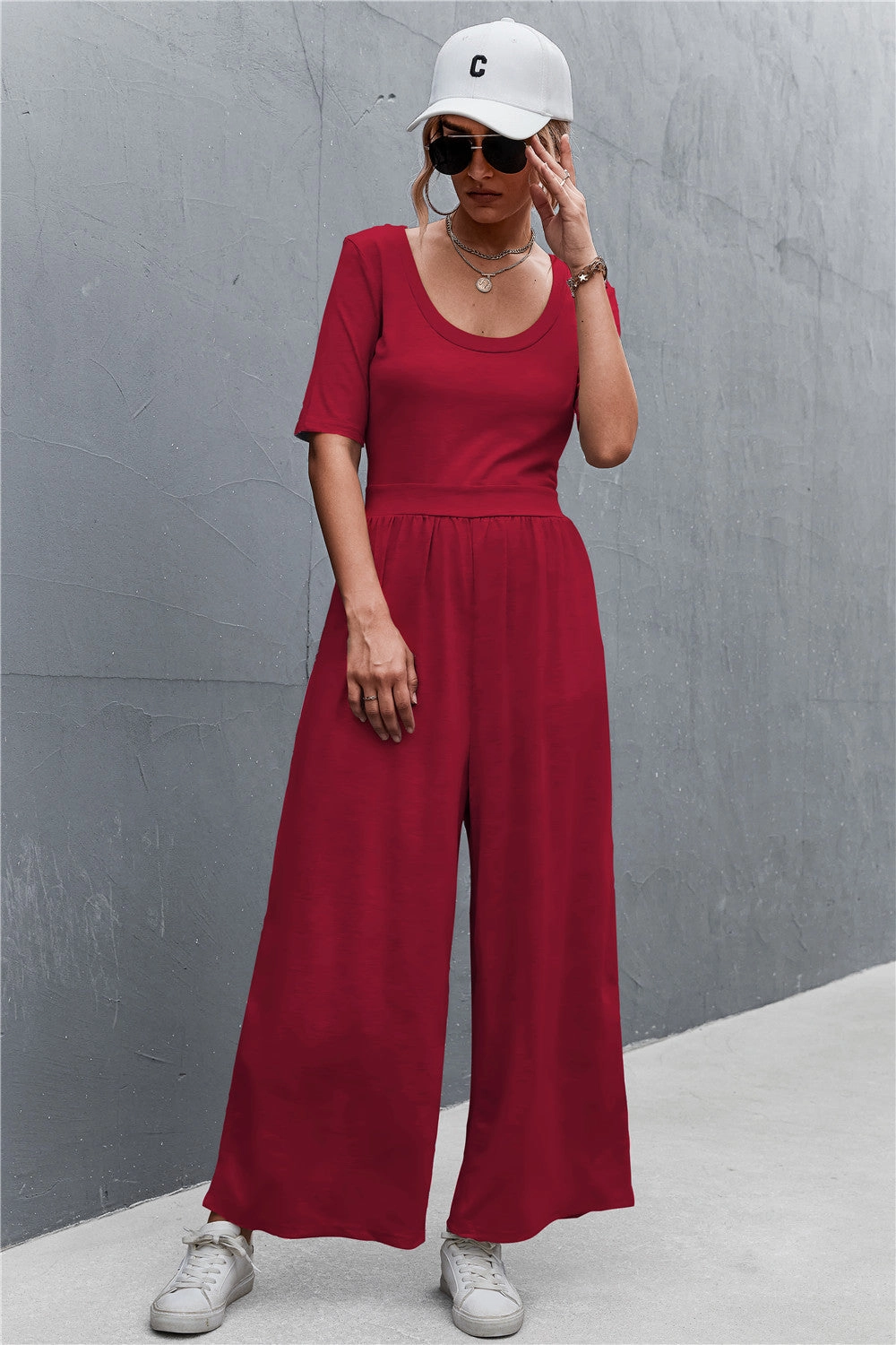 Scoop Neck Half Sleeve Wide Leg Jumpsuit Exclusive Deal Inside Exclusive Savings Event