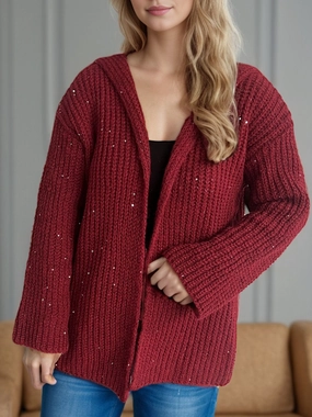 Sequin Detail Long Sleeve Hooded Cardigan Clearance Blowout Instant Savings Deal
