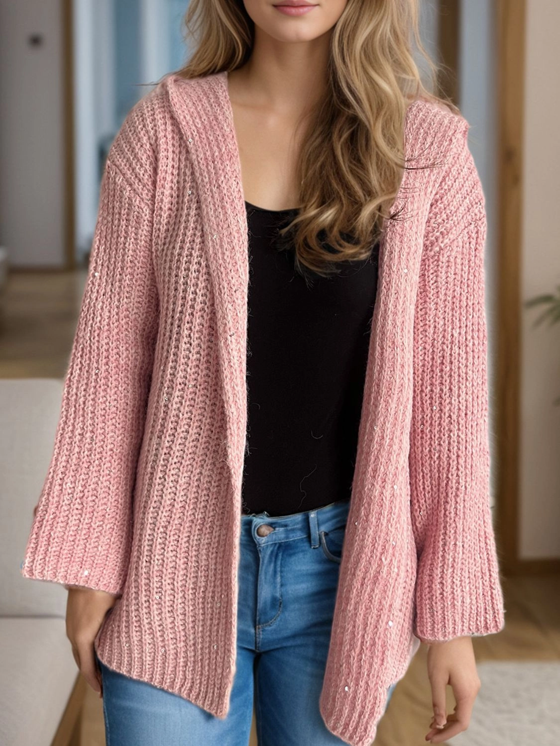 Sequin Detail Long Sleeve Hooded Cardigan Best Seller Discount Shop Smart Save