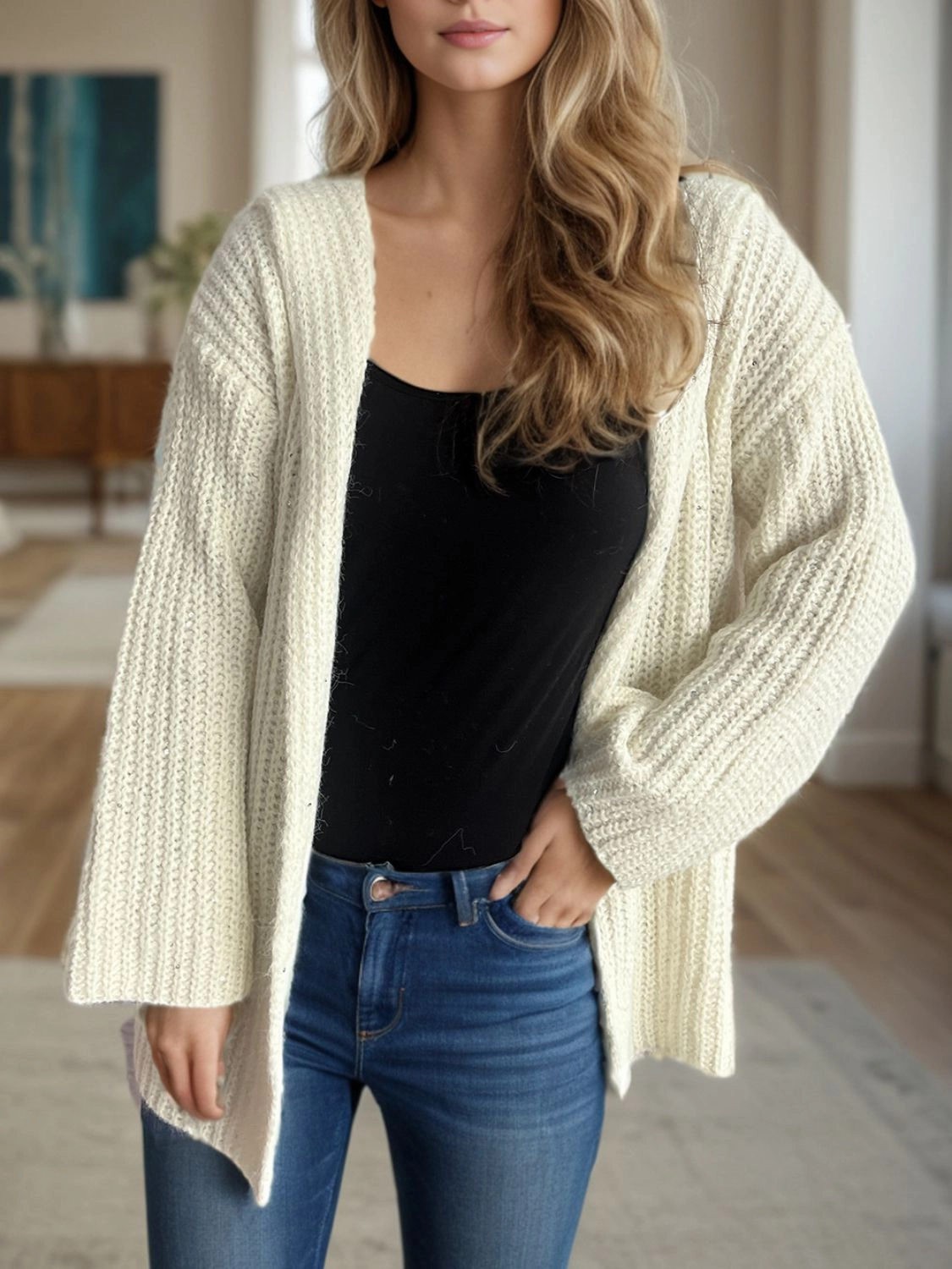 Sequin Detail Long Sleeve Hooded Cardigan Sweet Deal Inside