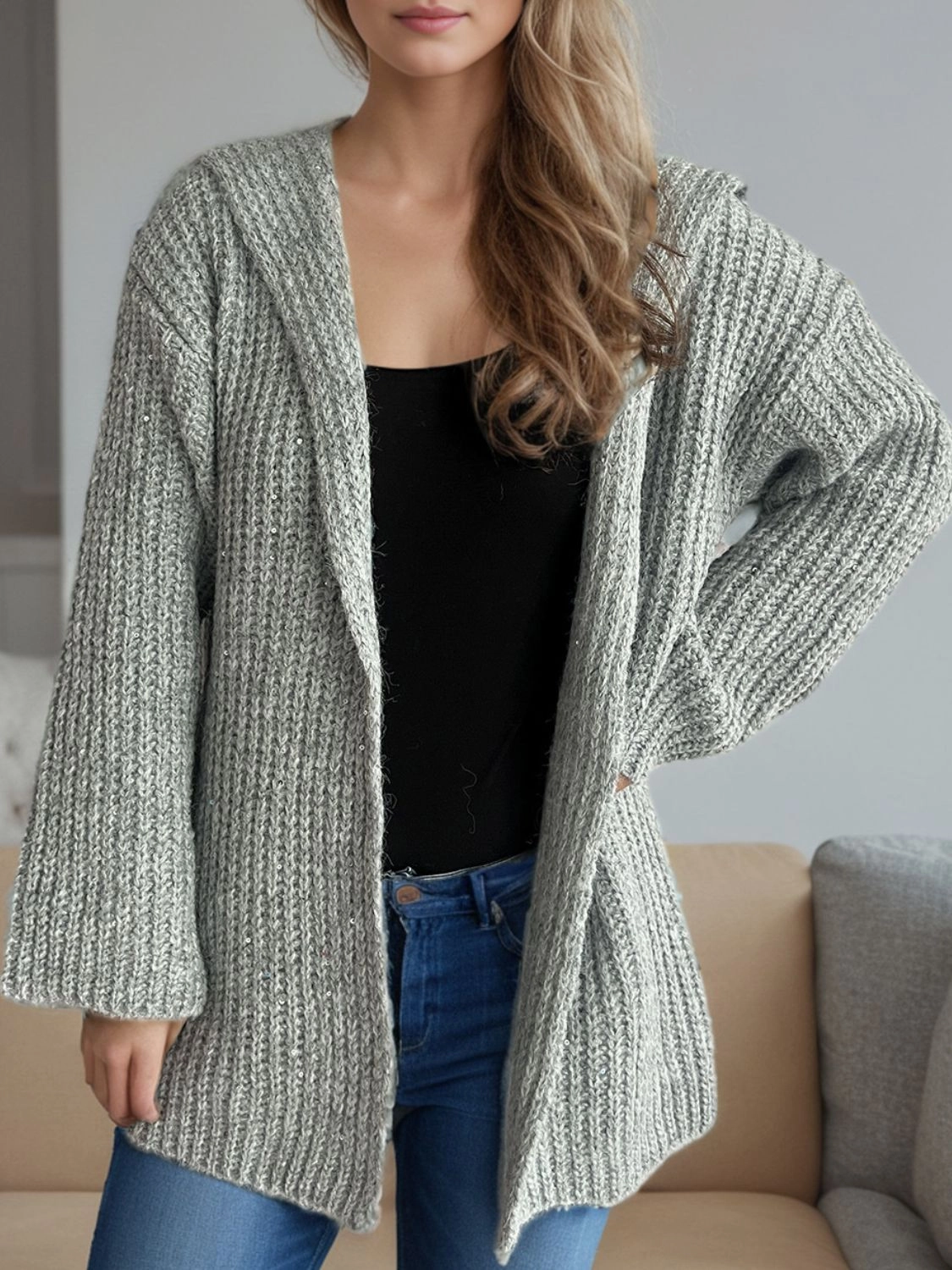 Sequin Detail Long Sleeve Hooded Cardigan Daily Clearance Deal Big Clearance Event