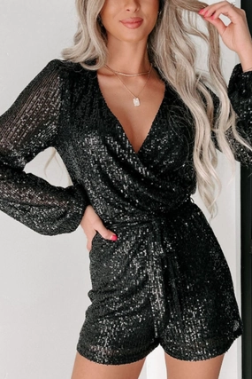 Last Chance Offer Sequin Surplice Long Sleeve Romper