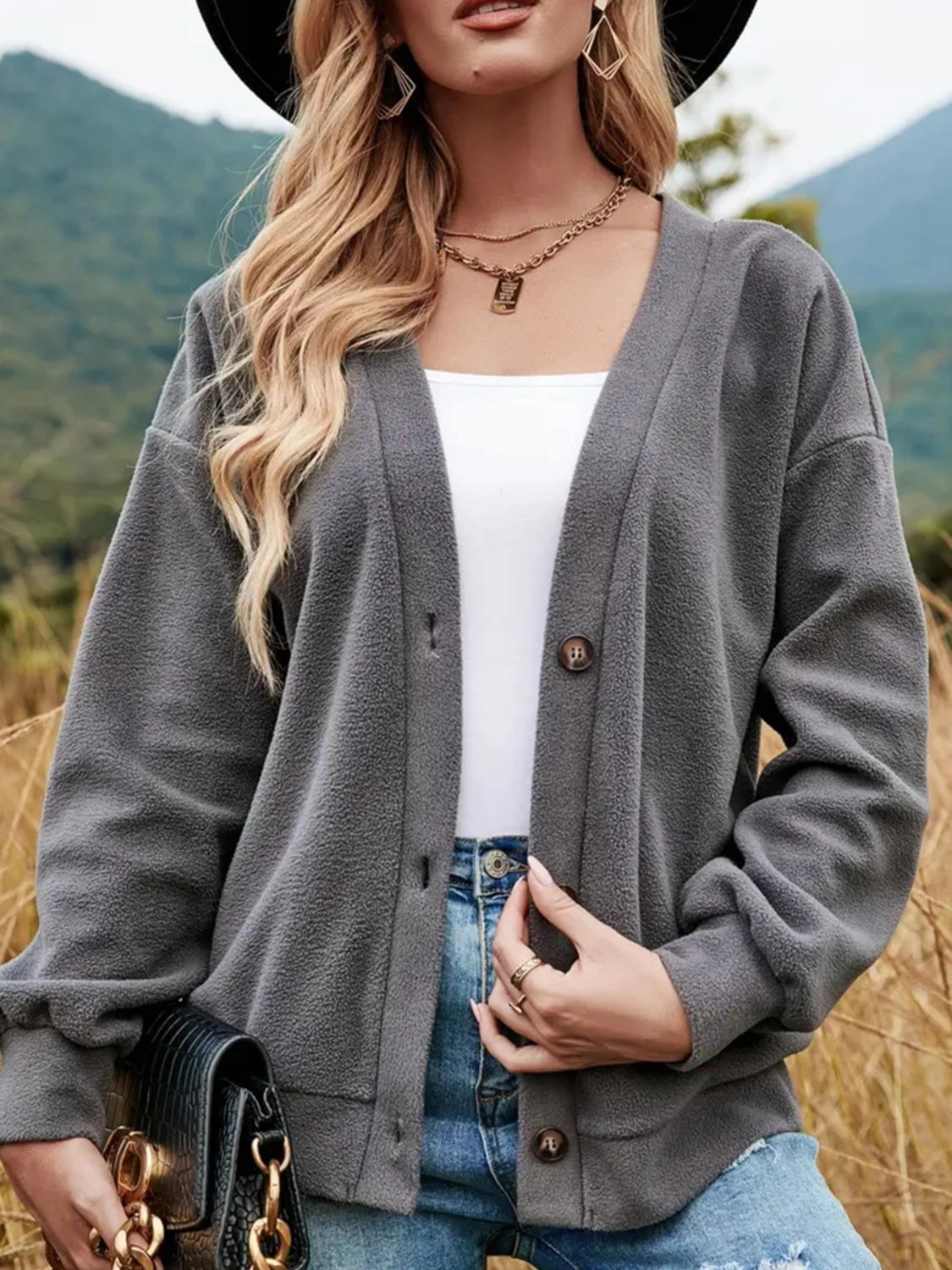 Shiny Button Down V-Neck Dropped Shoulder Jacket Special Occasion Discount