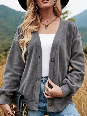 Shiny Button Down V-Neck Dropped Shoulder Jacket Flash Discount Today Shop the Savings