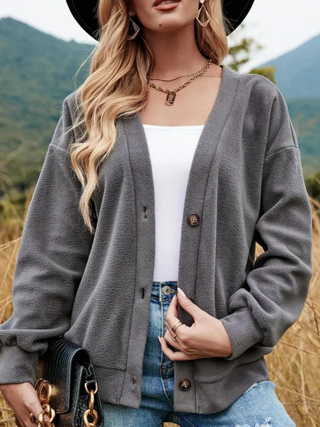 Grab the Deal Now Flash Pick Today Shiny Button Down V-Neck Dropped Shoulder Jacket