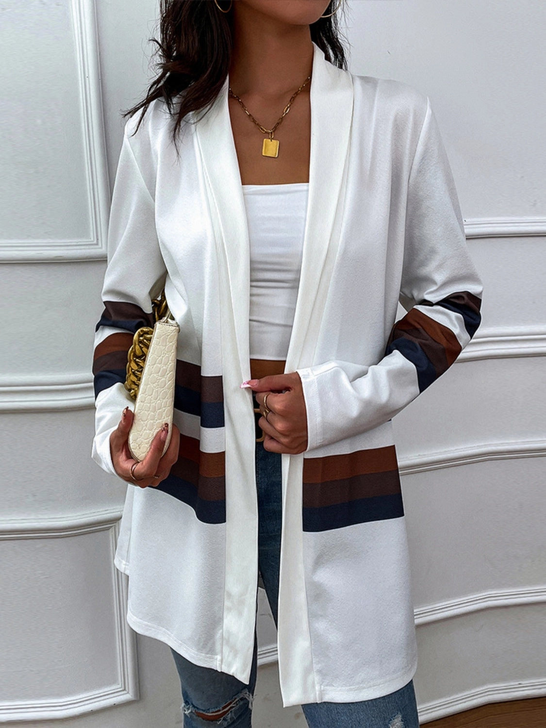 Daily Hot Deal Shiny Color Block Open Front Cardigan