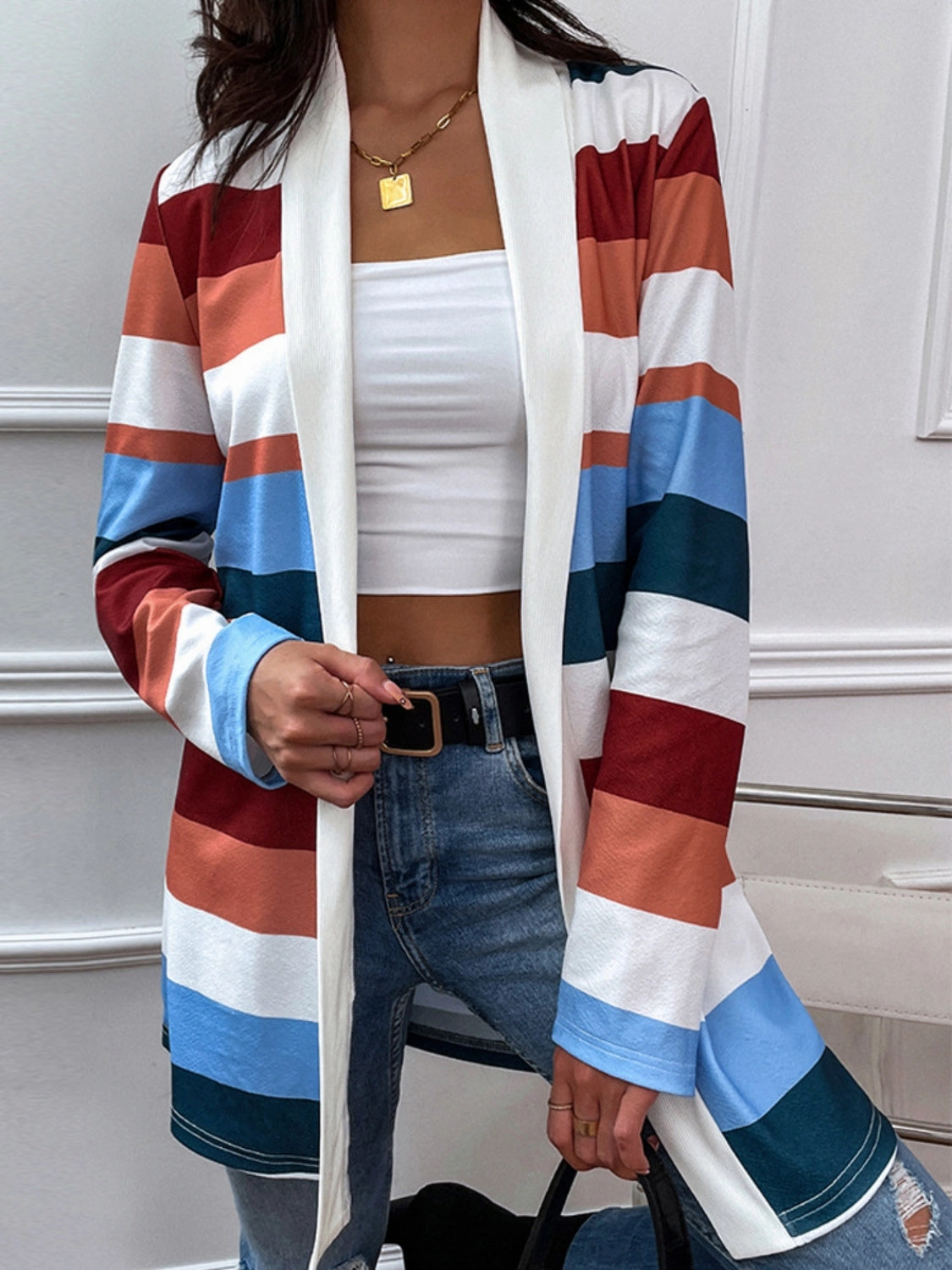 Shiny Color Block Open Front Cardigan Sweet Deal Inside