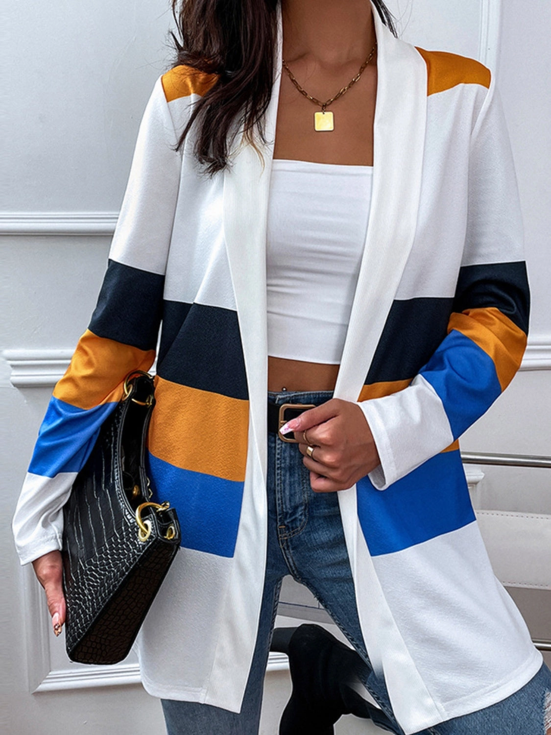 Mega Sale Now Shiny Color Block Open Front Cardigan