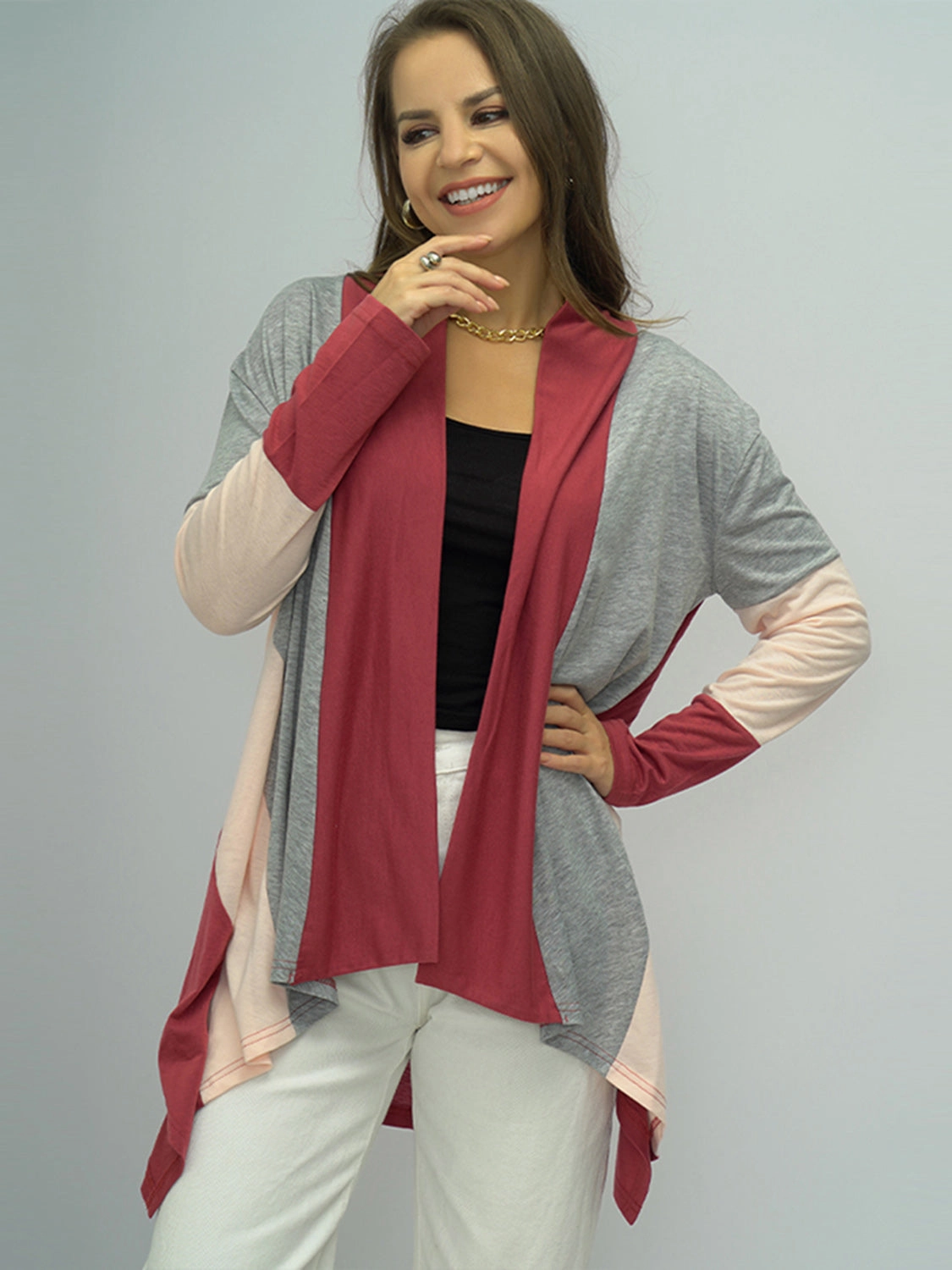 Gift Sale Event Shiny Color Block Open Front Cardigan