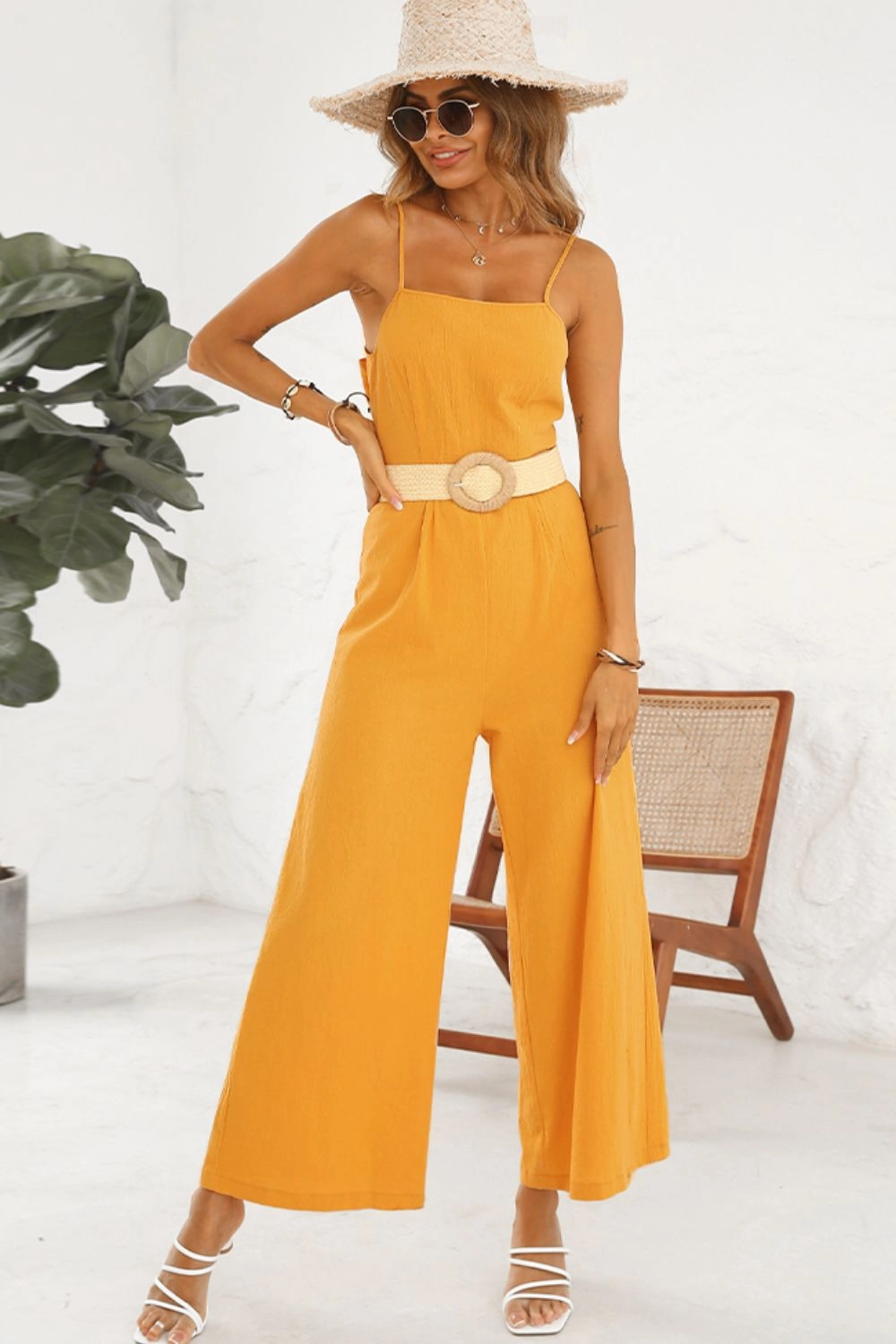 Shiny Cutout Spaghetti Strap Tie Back Wide Leg Jumpsuit MustHave Gift Ideas