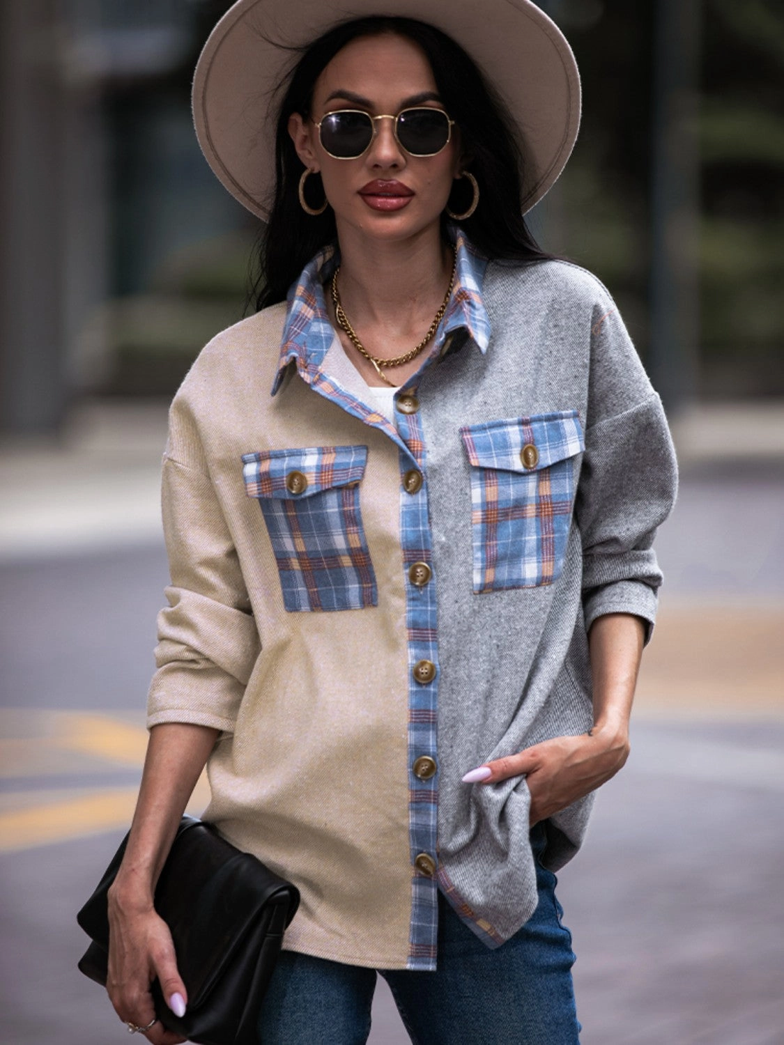 Best Deal Online MustHave Items Shiny Plaid Contrast Drop Shoulder Shacket