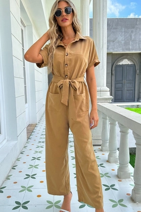 Shiny Tie Belt Buttoned Short Sleeve Collared Neck Jumpsuit Dont Miss This Offer Limited Time Steal