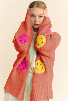 New Arrival Discount Davi & Dani Fuzzy Smile Open Front Long Sleeve Cardigan