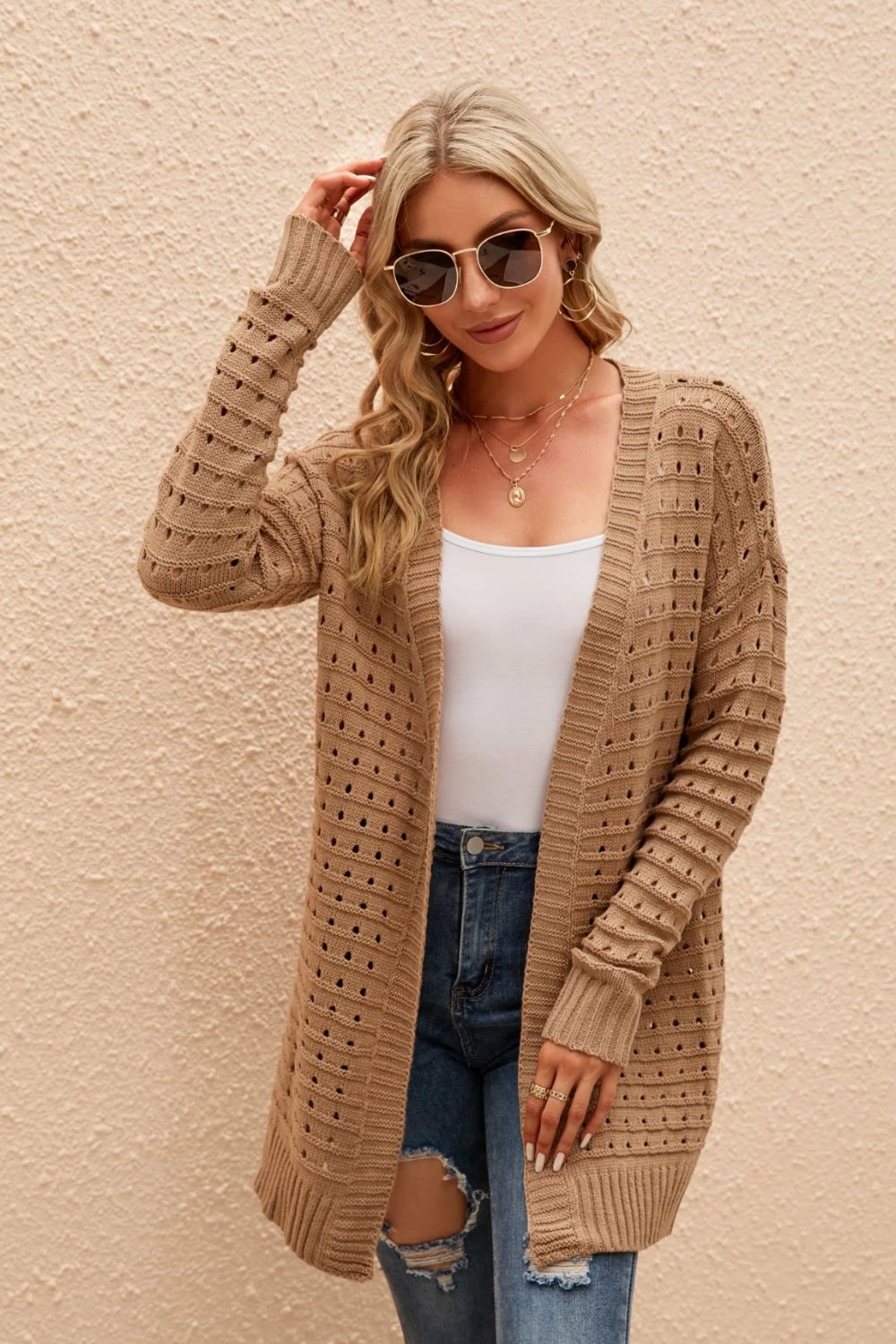 Openwork Horizontal Ribbing Open Front Cardigan Price Drop Alert Special Price Today