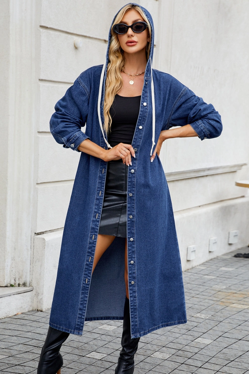 Shop Today Save Button Up Long Sleeve Longline Hooded Denim Outerwear