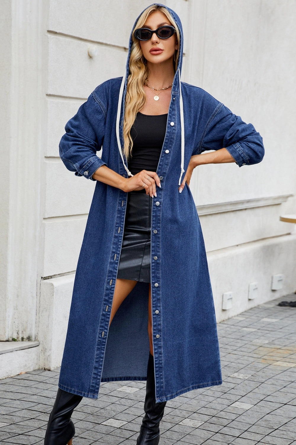 Trending Deals Today Button Up Long Sleeve Longline Hooded Denim Outerwear