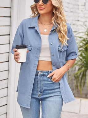Collared Neck Short Sleeve Denim Jacket Save More Now Hot Offer Inside