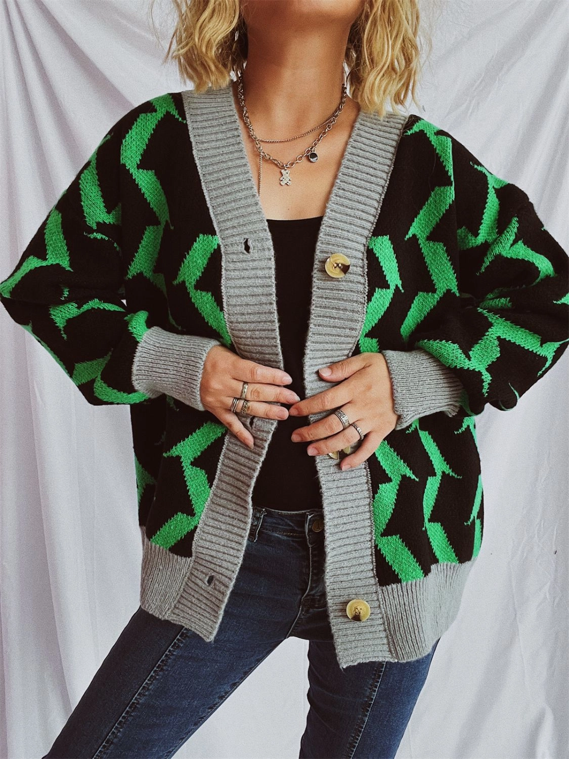 Contrast Trim Geometric V-Neck Long Sleeve Cardigan Mega Discount Today Instant Savings Inside