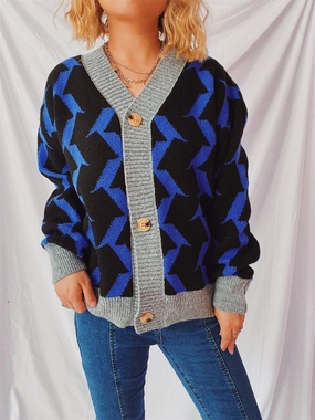 Contrast Trim Geometric V-Neck Long Sleeve Cardigan Perfect Gift Offer