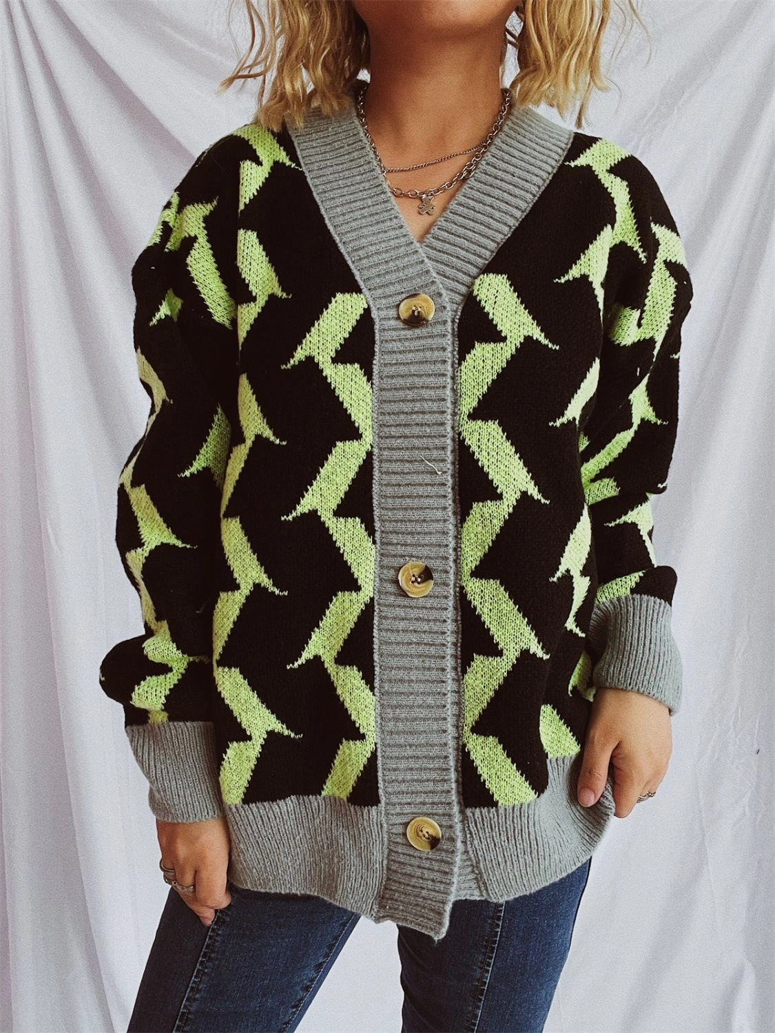 Contrast Trim Geometric V-Neck Long Sleeve Cardigan Special Offer Inside