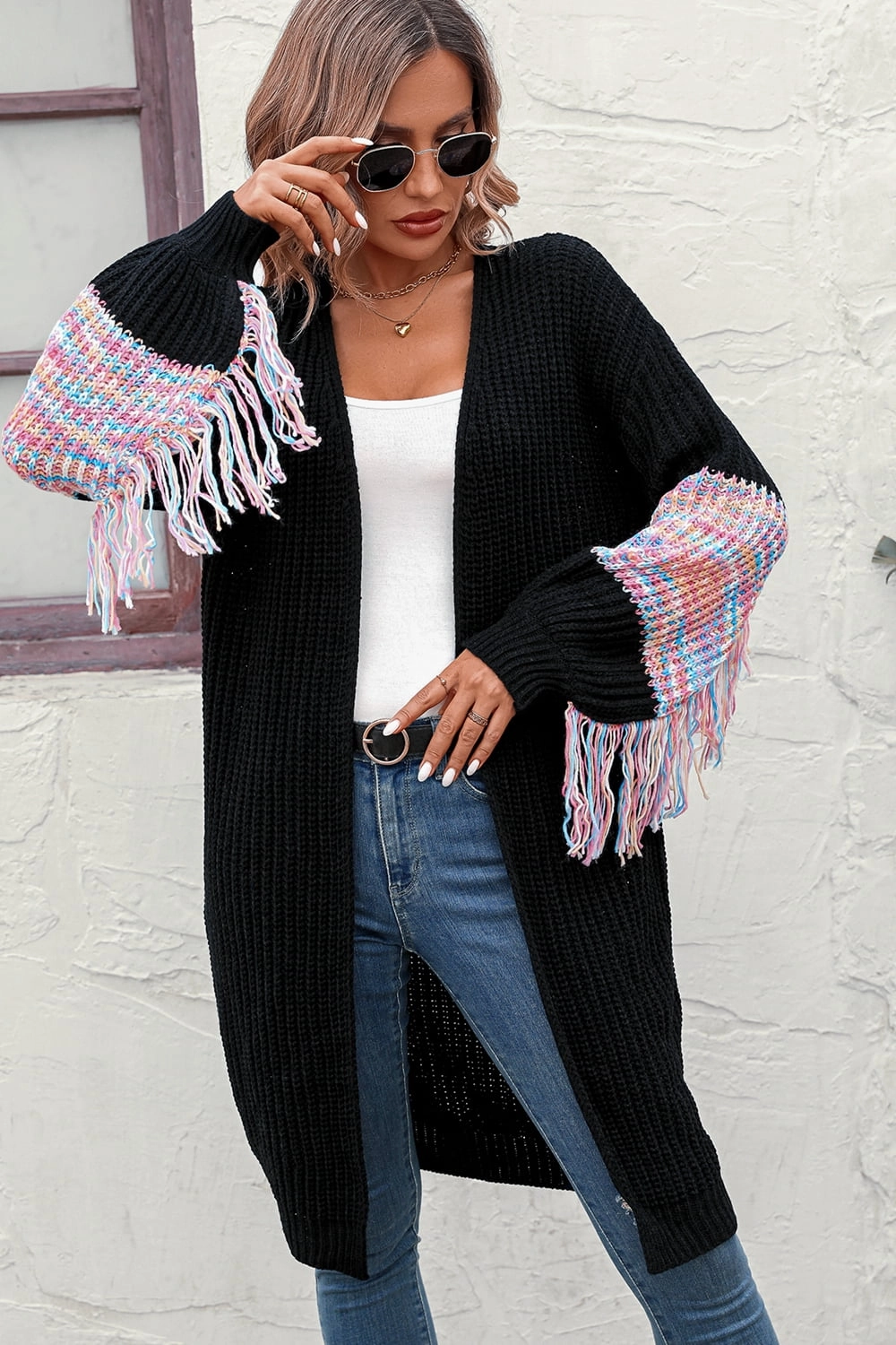 Special Offer Inside Fringe Sleeve Dropped Shoulder Cardigan
